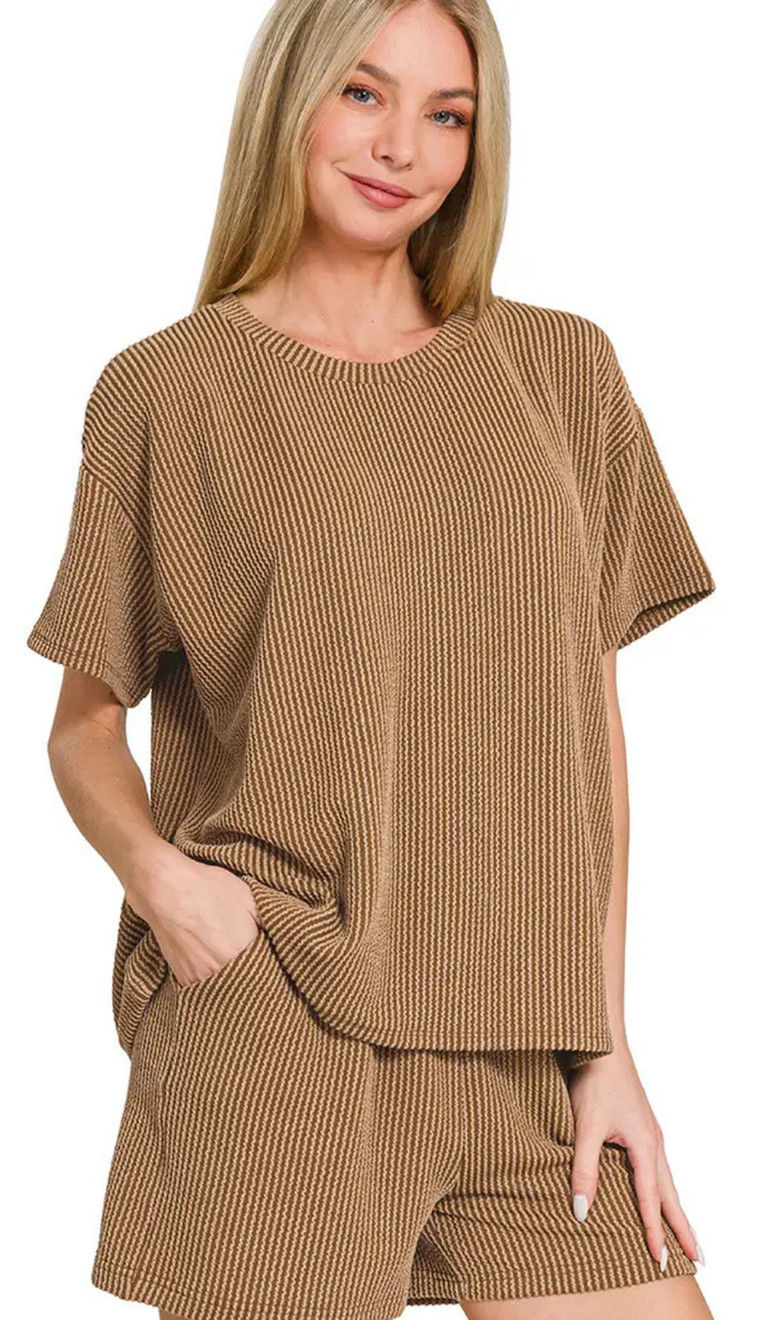 ZENANA Corded Rib Short Sleeve Top & Short Set, Assorted Colors