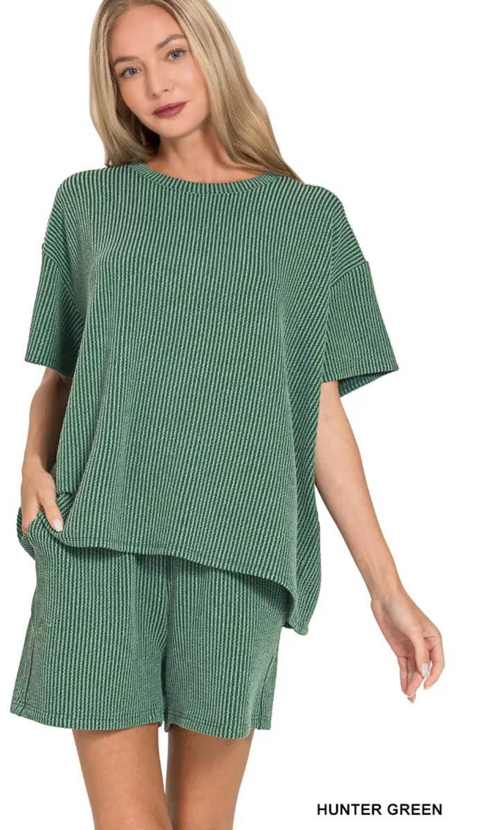 ZENANA Corded Rib Short Sleeve Top & Short Set, Assorted Colors