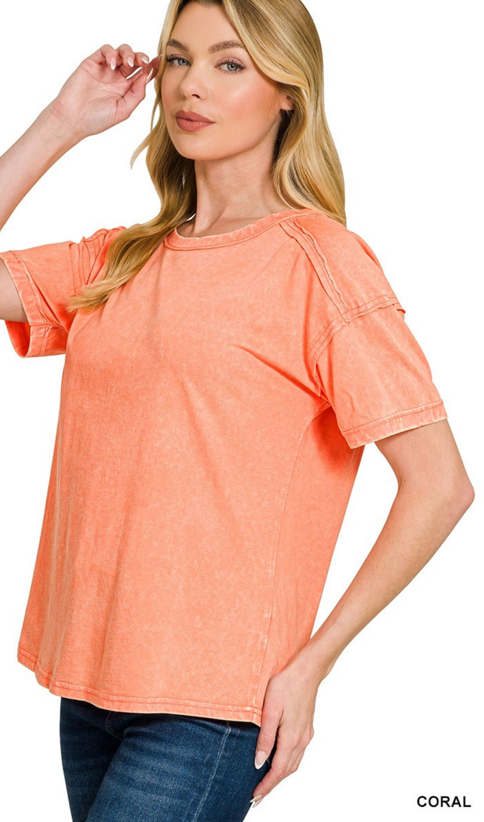ZENANA Acid Washed Round Neck T-Shirt, Assorted Colors – MeLinda's