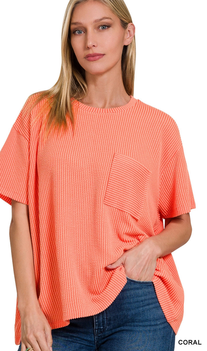 Zenana Relaxed Fit Ribbed Pocket Top, Assorted Colors – MeLinda's