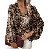Leopard Print V-Neck Balloon Sleeve Top