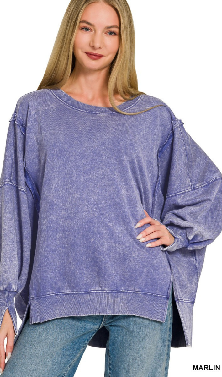 Zenana Acid Washed Exposed Seam Oversized Sweatshirt, Assorted