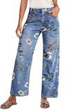 LS, Floral Print Wide Leg Jean, Light Denim