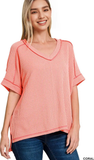Zenana Ribbed Hi-Low V-Neck Top, Assorted Colors