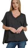 Zenana Ribbed Hi-Low V-Neck Top, Assorted Colors