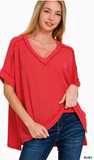Zenana Ribbed Hi-Low V-Neck Top, Assorted Colors