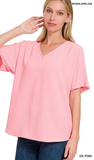 Zenana Woven Airflow V-Neck Short Sleeve Top, Assorted Colors