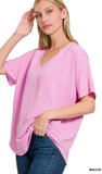 Zenana Woven Airflow V-Neck Short Sleeve Top, Assorted Colors