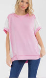 7th Ray Lace Panel Short Sleeve Top In Pink