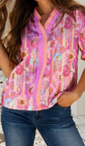 LDC Floral Color Block Trim V Neck Short Sleeve Top In Pink