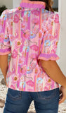 LDC Floral Color Block Trim V Neck Short Sleeve Top In Pink