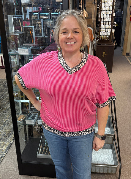 Leopard Trimmed Ribbed Top in Bright Pink