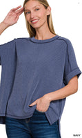 Zenana Corded Cuffed Sleeve Top, Assorted Colors