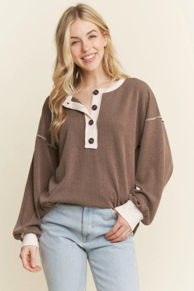 Heimish Long Sleeve Contrast Urban Ribbed Top, Assorted Colors