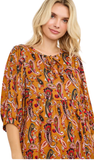 Tunic Top with Empire Waist and High-Low Hem in Mustard