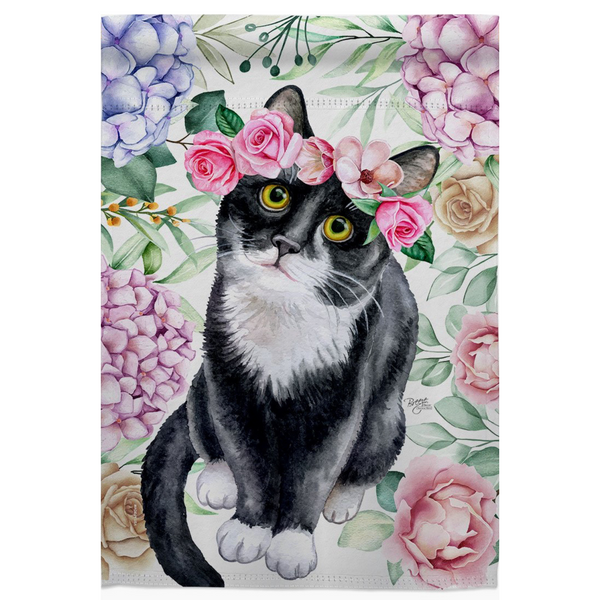 ‘Floral Tuxedo Cat’ Decorative Flag