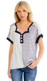Mixed Print Contrast Henley Top