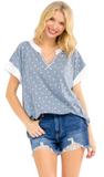 7TH RAY Polka Dot Contrast Trim V-Neck Top