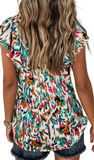 Abstract Multicolor Print Ruffle Sleeve Casual Top, Green