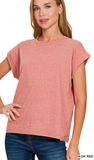 Zenana Round Neck Folded Short Sleeve Top,Assorted Colors