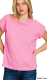Zenana Round Neck Folded Short Sleeve Top,Assorted Colors