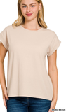 Zenana Round Neck Folded Short Sleeve Top,Assorted Colors