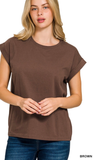 Zenana Round Neck Folded Short Sleeve Top,Assorted Colors