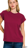 Zenana Round Neck Folded Short Sleeve Top,Assorted Colors