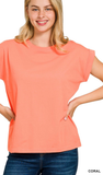 Zenana Round Neck Folded Short Sleeve Top,Assorted Colors