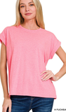 Zenana Round Neck Folded Short Sleeve Top,Assorted Colors