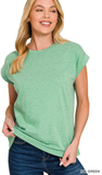 Zenana Round Neck Folded Short Sleeve Top,Assorted Colors