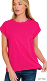 Zenana Round Neck Folded Short Sleeve Top,Assorted Colors