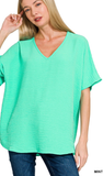 Zenana Woven Airflow V-Neck Short Sleeve Top, Assorted Colors
