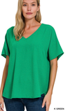Zenana Woven Airflow V-Neck Short Sleeve Top, Assorted Colors
