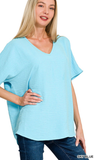 Zenana Woven Airflow V-Neck Short Sleeve Top, Assorted Colors