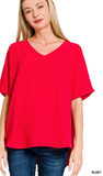 Zenana Woven Airflow V-Neck Short Sleeve Top, Assorted Colors