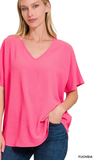 Zenana Woven Airflow V-Neck Short Sleeve Top, Assorted Colors