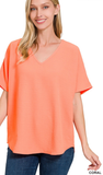 Zenana Woven Airflow V-Neck Short Sleeve Top, Assorted Colors