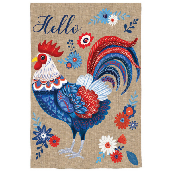 ‘RWB Rooster Burlap’ Decorative Flag