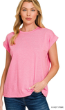 Zenana Round Neck Folded Short Sleeve Top,Assorted Colors