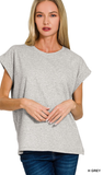 Zenana Round Neck Folded Short Sleeve Top,Assorted Colors