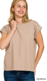 Zenana Round Neck Folded Short Sleeve Top,Assorted Colors