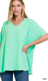Zenana Oversized V-Neck Pocket Top, Assorted Colors