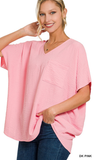 Zenana Oversized V-Neck Pocket Top, Assorted Colors
