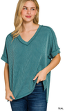 Zenana Ribbed Hi-Low V-Neck Top, Assorted Colors