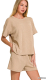 ZENANA Corded Rib Short Sleeve Top & Short Set, Assorted Colors