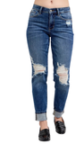 JUDY BLUE, MR BF w/ Destroy, Yoke PK & Faux Selvedge Cuff Jeans