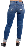 JUDY BLUE, MR BF w/ Destroy, Yoke PK & Faux Selvedge Cuff Jeans