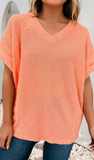 LD Waffle V neck Short Sleeve Knit Top, Assorted Colors