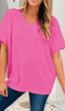 LD Waffle V neck Short Sleeve Knit Top, Assorted Colors